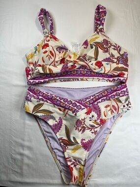 Floral Printed Two-Piece Bikini Set in Cream and Purple